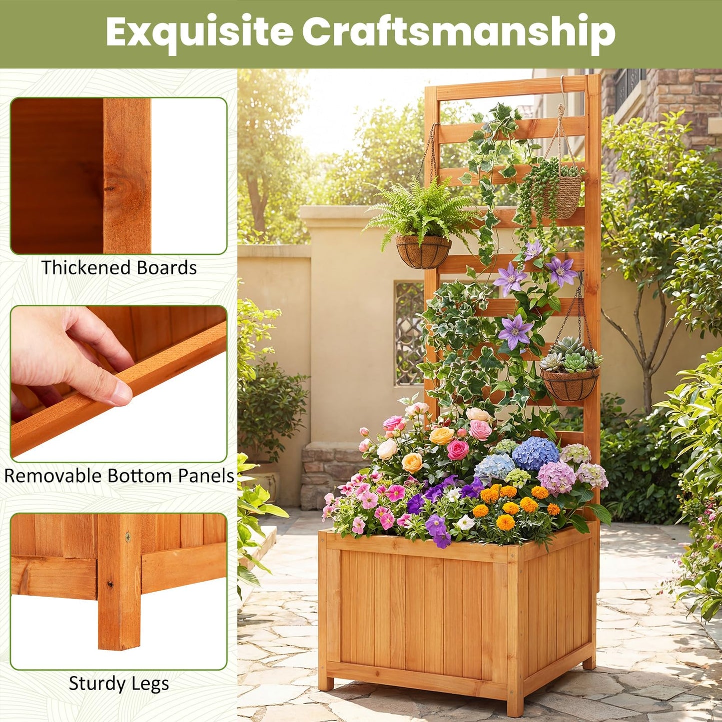 Giantex Wood Raised Garden Bed with Trellis, Outdoor Planter Box for Vines Flowers Vegetables, Herbs, Freestanding Plant Container Privacy Planters for Porch, Patio, Backyard
