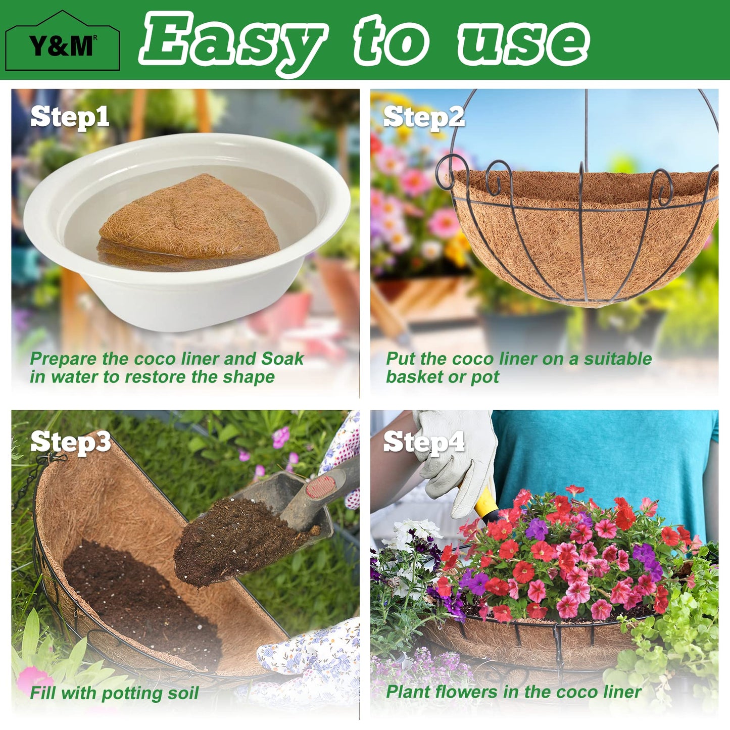 Y&M 16 Inch Pre-Formed Half Round Coco Fiber Liners – 2PCS Natural Coconut Liners for Hanging Baskets, Planter Boxes, Wall Mounted, Water Retention, Easy Fit for 16" Half Round Planters