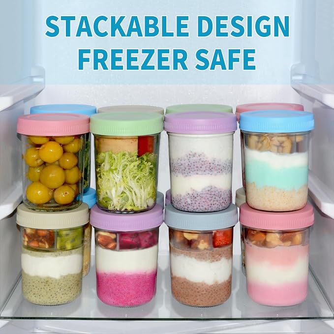 Xyptorix 16 oz Overnight Oats Containers with Airtight Lids - 2-Pack Leak-Proof Wide Mouth Mason Jars & Divided Cups for Dried and Wet Foods, Glass Jars for Chia Pudding, Salad, Snacks, and Yogurt
