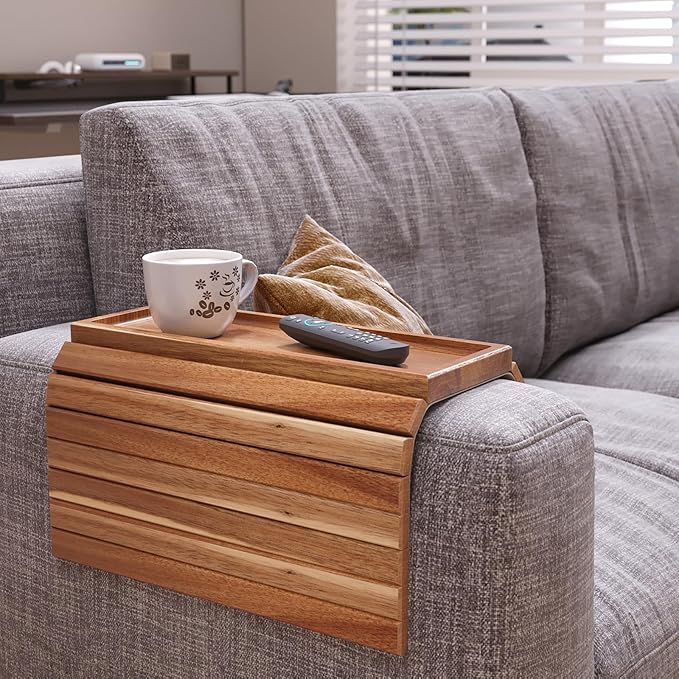 Sofa Arm Tray, Acacia Wood Folding Couch Arm Tray, Sofa Armrest Trays