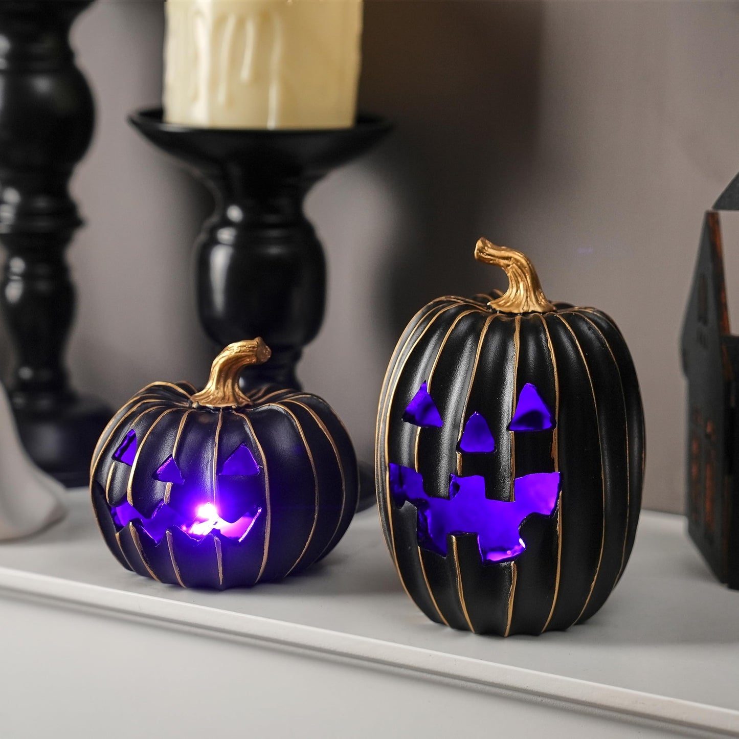 FESTGLOX 2Pcs Light Up Black Pumpkins for Halloween with Gold Lines, Small Jack O Lantern Pumpkins with Purple LED Light, Resin Halloween Pumpkin for Indoor Spooky Decor, Table (Battery Operated)