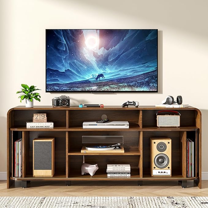 Walnut TV Stand for 65 70 75 Inch TV, Fluted Mid Century Modern TV Console