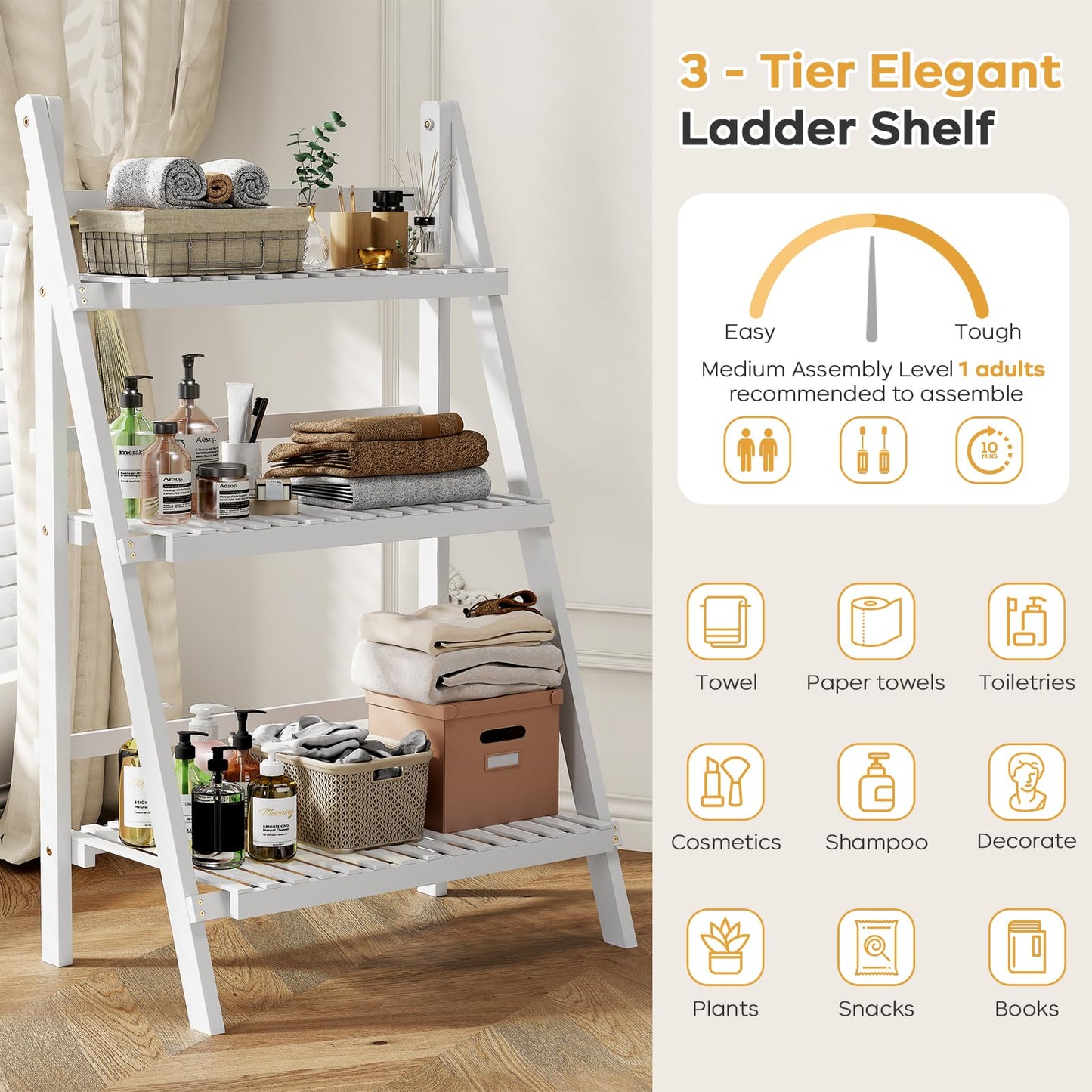 oakvivo Bamboo Bookshelf 3-Tier Ladder Shelf, 39.4” Freestanding Open Bookcase Book Shelf Bathroom Storage Shelf Unit Plant Stand for Small Space, Living Room, Bedroom, Home Office, White