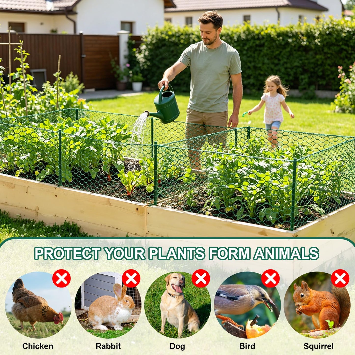 QURAS Plant Protectors from Animals, 32.8FT x 16IN Wire Plant Cage, 0.85mm Thick Vinyl Coated Garden Fence Kit with Stakes & Zip Ties, DIY Plant Guard for Rabbits, Squirrels, Deer, Vegetable Garden