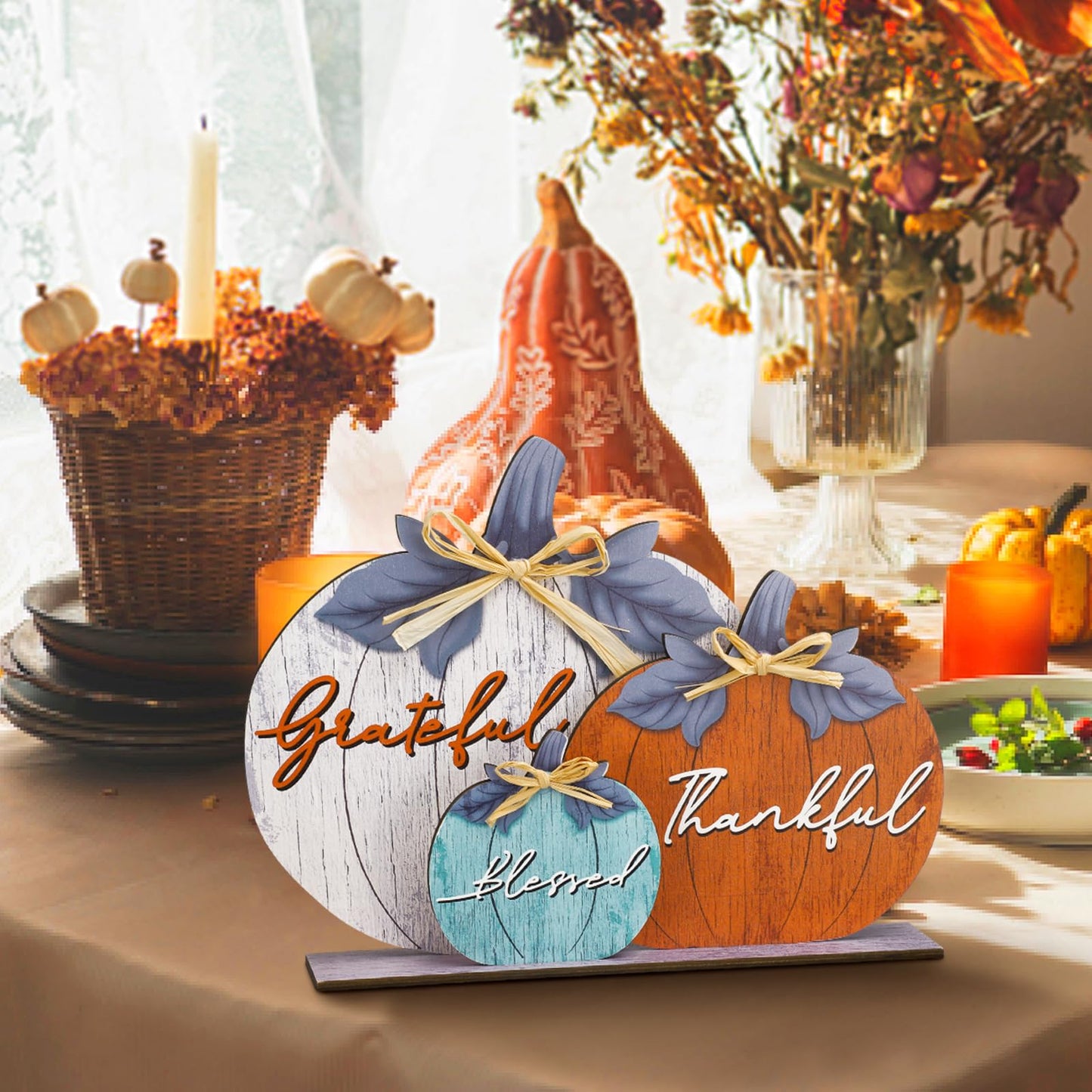 Soaoo Fall Pumpkin Table Decorations Fall Wooden Thankful Blessed Centerpiece Autumn Grateful Tabletop Decor Farmhouse Thanksgiving Harvest Pumpkin Block Signs for Party Rustic Table Shelf Decor Home