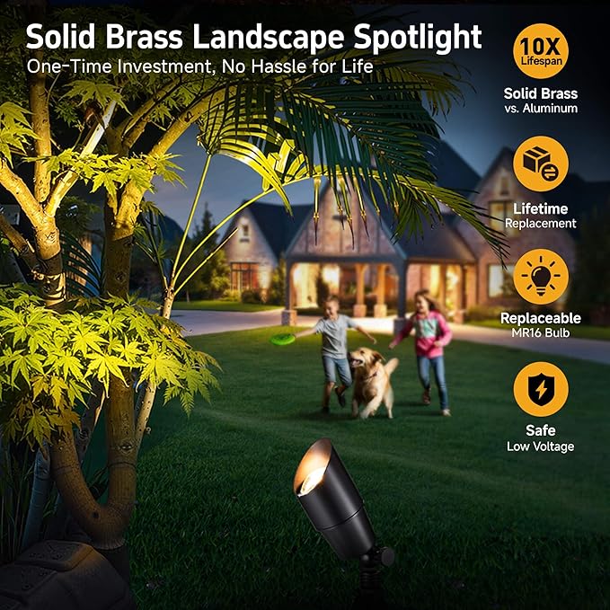 Gardenreet Spot Light Brass - Outdoor Landscape Spotlights 12V, LED Low Voltage Landscaping Uplights, All Weather Hard-Wired Black for Backyard Lawn with Day Light Changeable Bulbs (8 Pack)