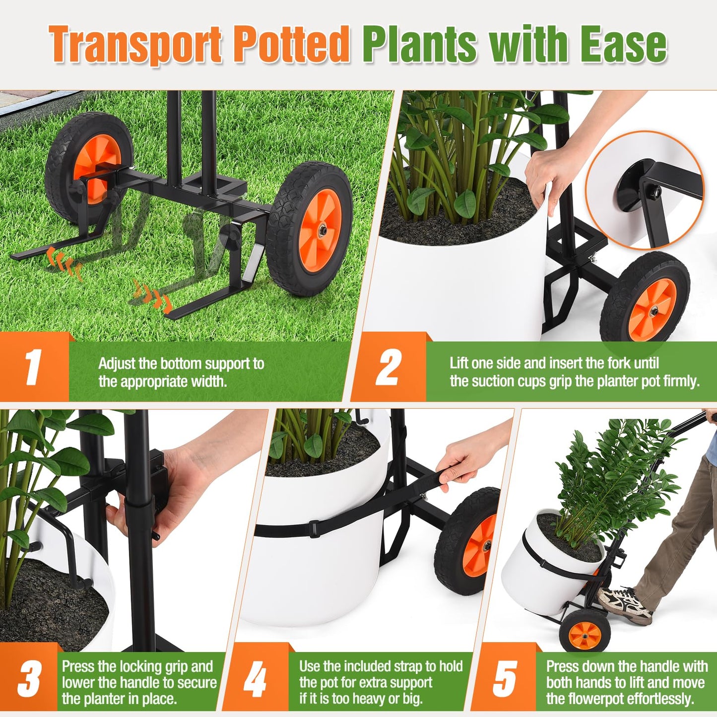 Plant Caddy with Wheels, Heavy Duty Plant Mover Cart with Adjustable Grabbing Arm and Strap, 175 LBS T-Handle Plant Dolly with Suction Cups for Plant Pots Garden Pot Trolley Indoor Outdoor Use, Black