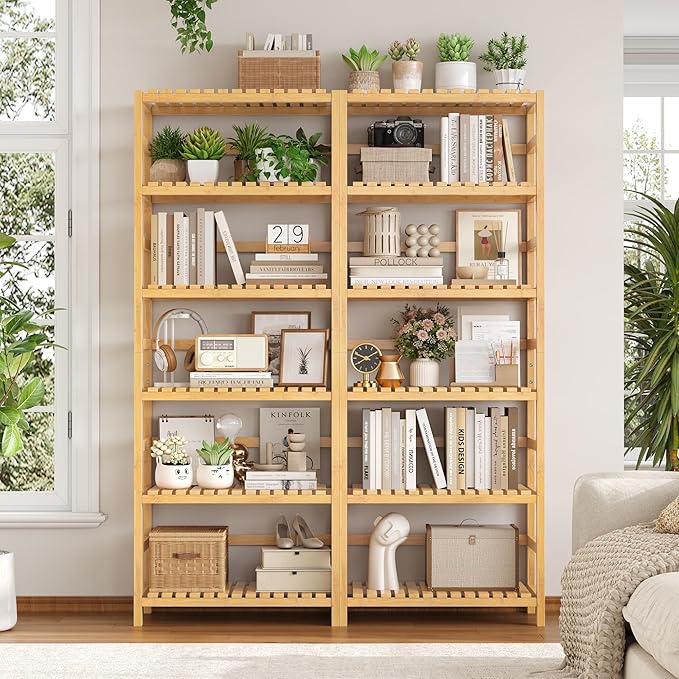 FOTOSOK 6-Tier Bamboo Shelf, Bamboo Bookcase
