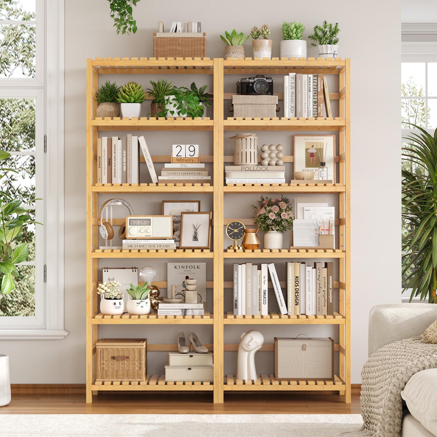 FOTOSOK 6-Tier Bamboo Shelf, Bamboo Bookcase with Adjustable Shelves, Free Standing Storage Shelf Unit, Plant Flower Stand for Kitchen, Bathroom, Home Office, Natural