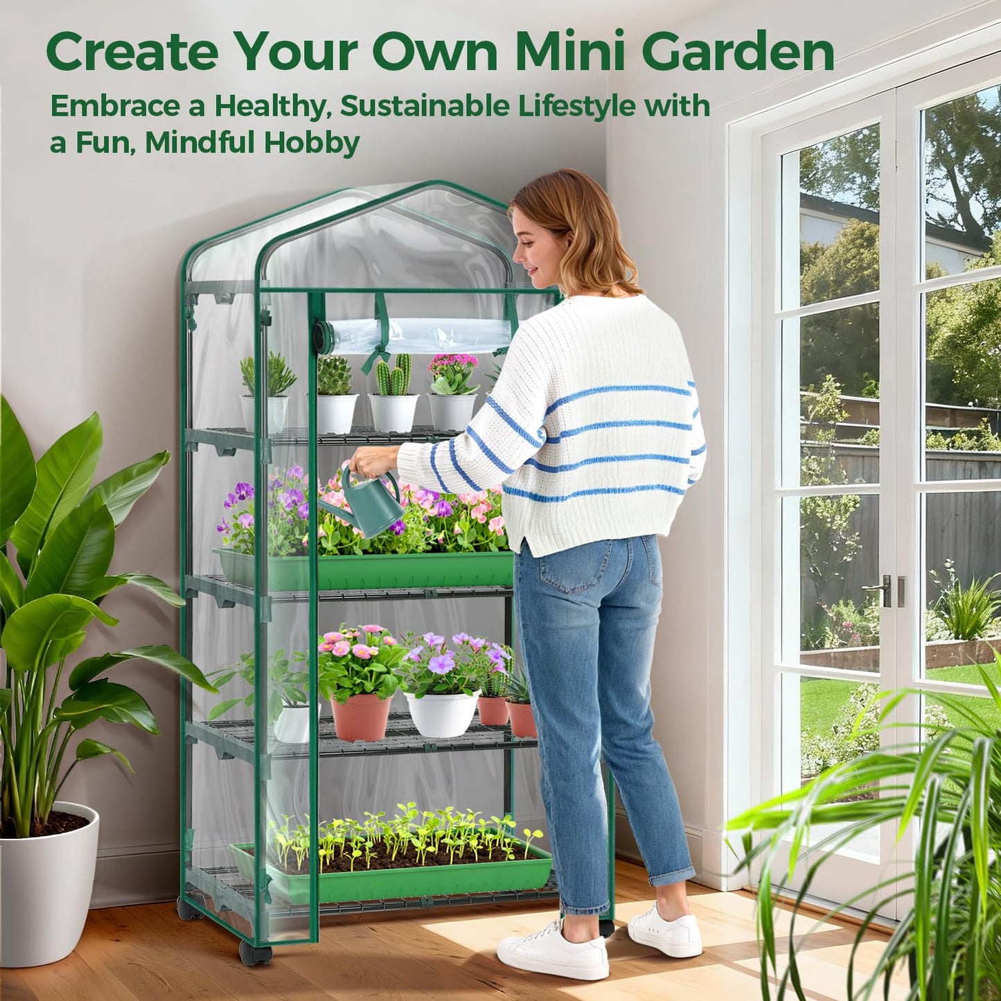 Ohuhu Mini Greenhouse for Indoor Outdoor with Wheel, Small Plastic Plant Green House 4-Tier Rack Stand Portable Greenhouses with Durable PVC Cover for Seedling