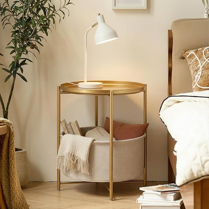 danpinera Gold Side Table with Fabric Storage Basket, Metal Round Side Small