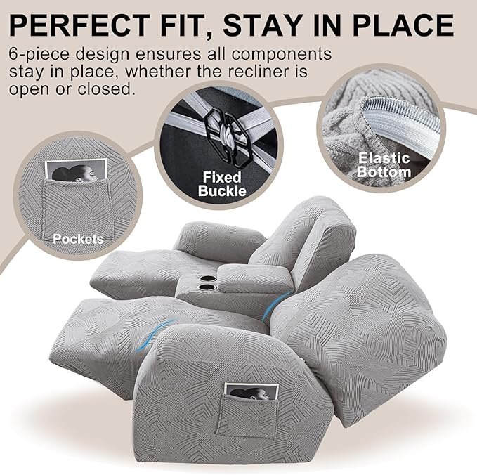Recliner Loveseat Covers with Console, Stretch Geometric Strokes Jacquard