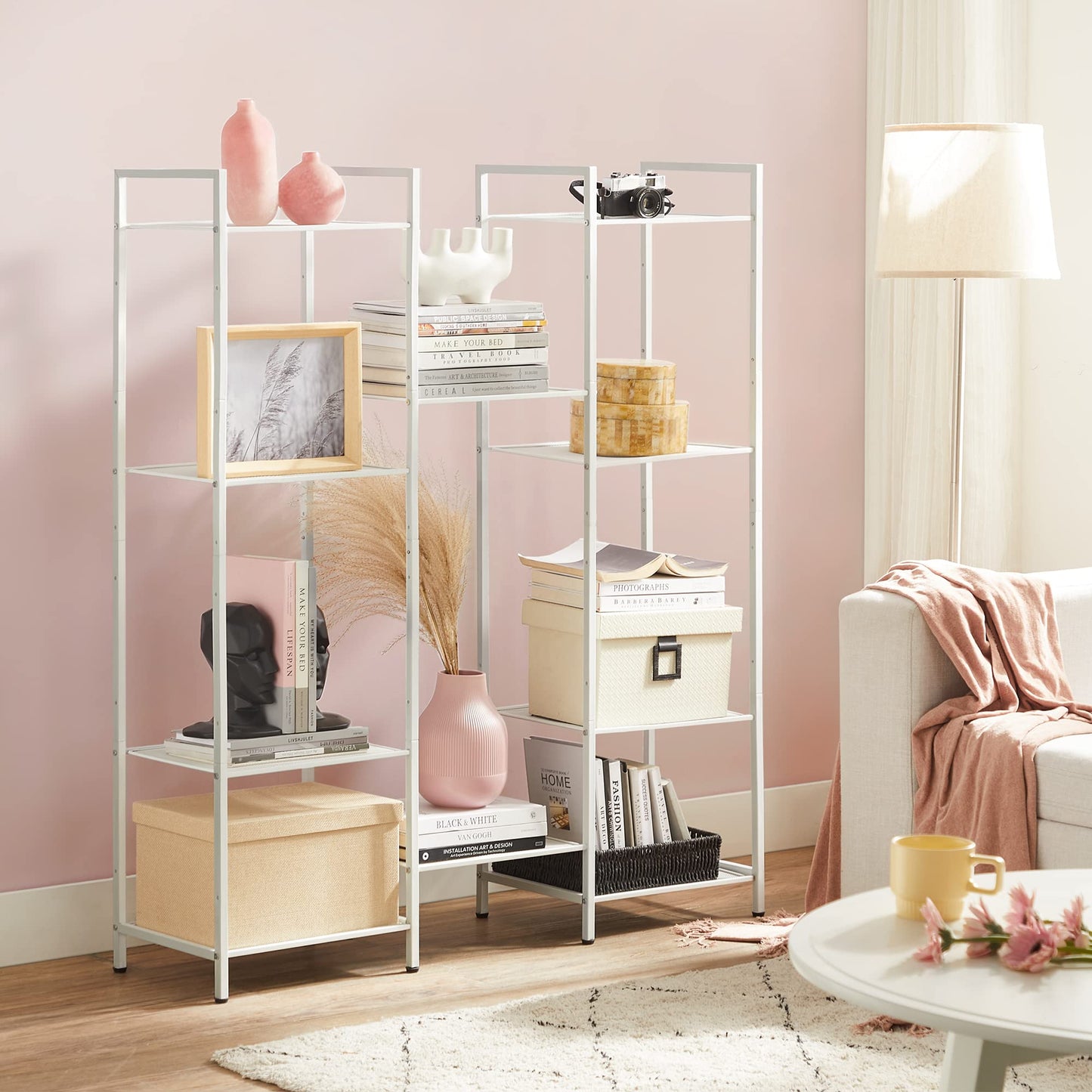 SONGMICS 5-Tier Storage Rack, Bathroom Shelf, Extendable Plant Stand with Adjustable Shelf, for Bathroom, Living Room, Balcony, Kitchen, White UBSC035W01