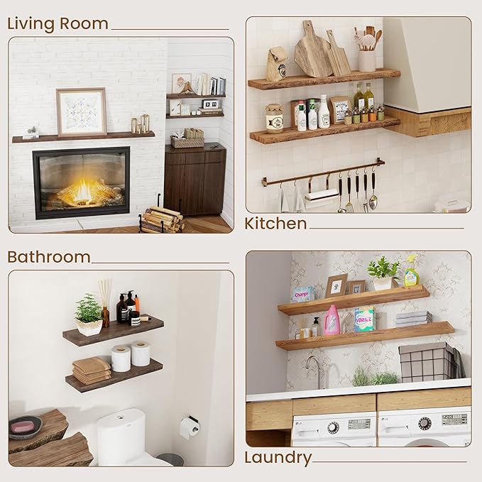 Floating Shelves for Wall Decor, Rustic Solid Elm Wood Live Edge Floating