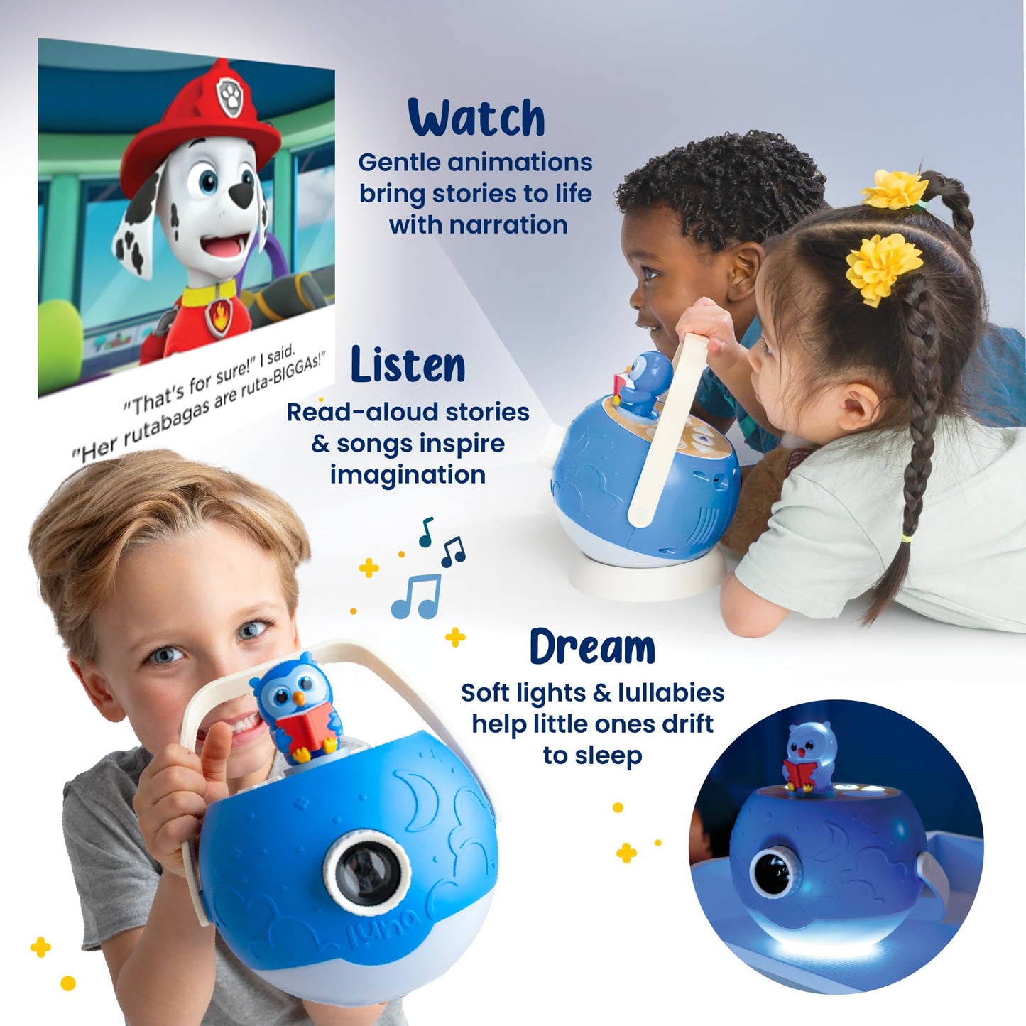 Kids Book Projector – 5 PAW Patrol & 5 Classic Read-Aloud Stories, 10 Songs & Night Light & Soothing Dream Music | Children Ages 3+ Storytime Projector | Toys, Owl & PAW Patrol Marshall