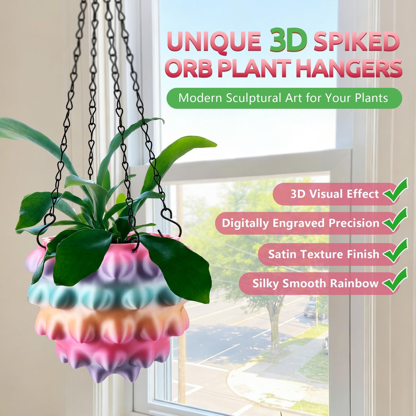 Enhon 6 Inch Hanging Planters for Indoor Plants, Unique Hanging Pots for Plants with Drainage and Hanger Baskets Hangers, Spiked Orb Plant Hanger, Silky Rainbow Finish