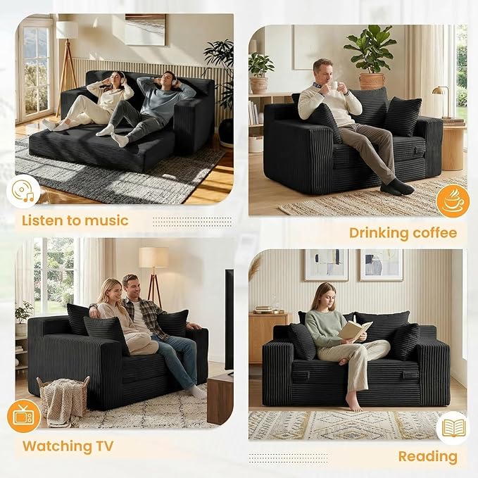 55" Small Boneless Couch, 3-in-1 Boneless Loveseat Sleeper Sofa Bed Convertible