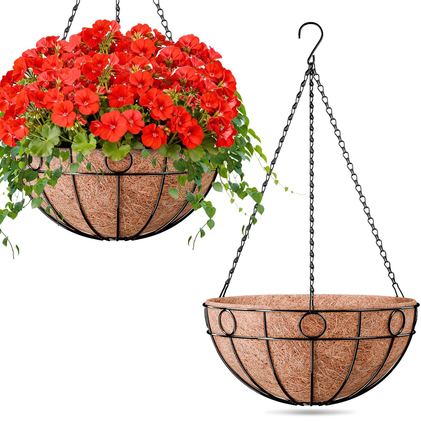 ZeeDix 16 Inch Large Hanging Baskets for Plants Outdoor, 2 Pack Round Metal Wire Planter Basket with Coco Coir Liner, Hanging Flower Pots for Garden Yard Patio Porch Balcony Decor