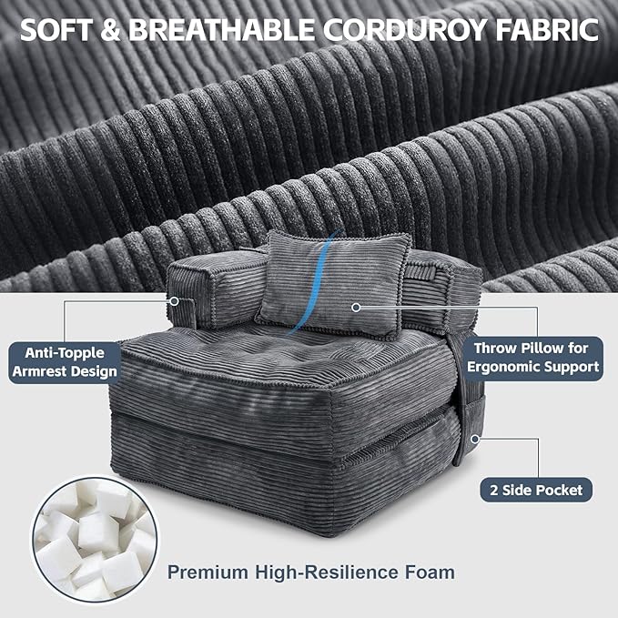 Folding Sofa Bed Chair with Armrests, Convertible Futon Couch Sleeper Chair