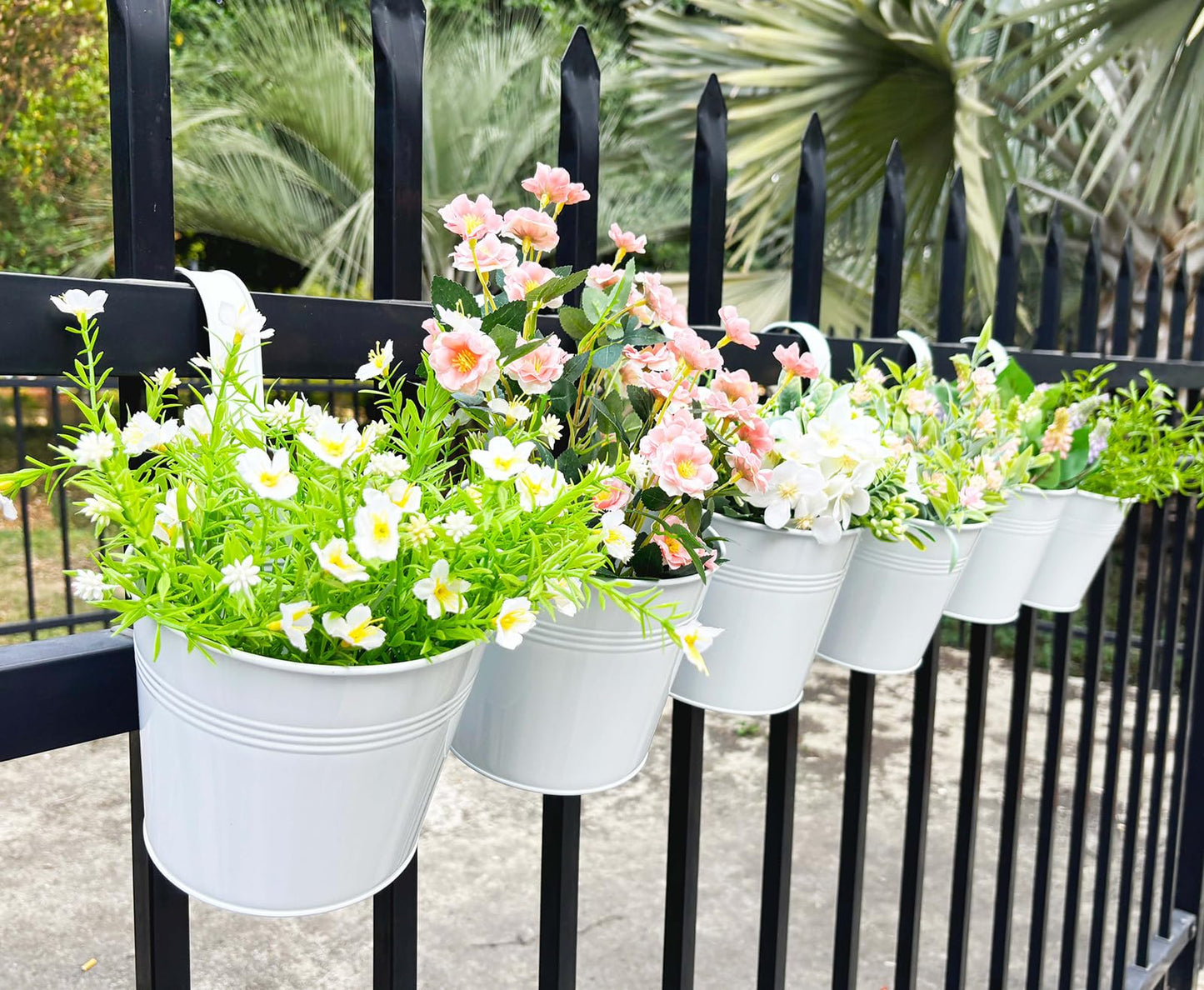 Joyfernal Pack of 4 Hanging Flower Pots, 6" White Metal Balcony Planters for Herb Succulent, Samll Railing Fence Hanging Bucket for Outdoor/Indoor Decoration (White, Pack of 4)