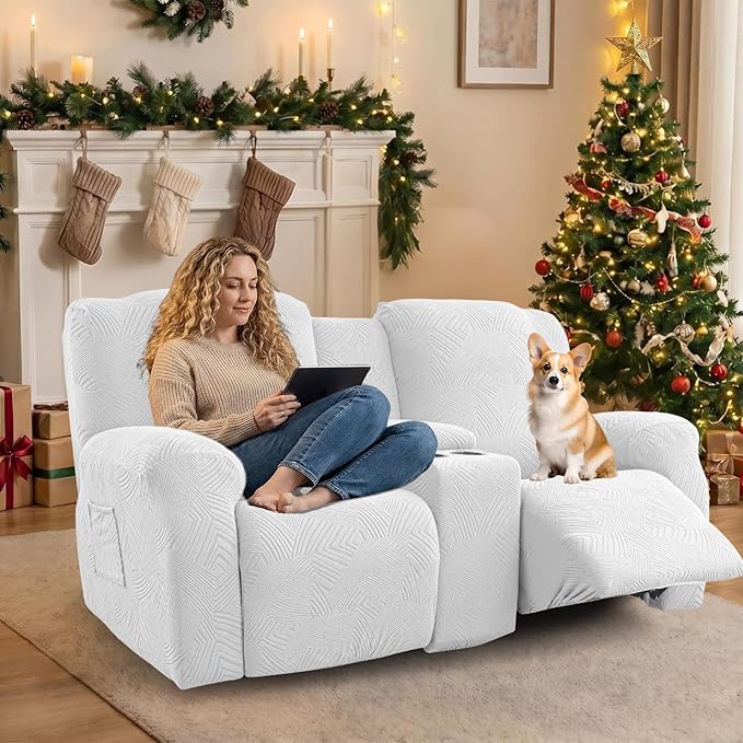 Recliner Loveseat Covers with Console, 6-Piece Stretch Geometric Strokes