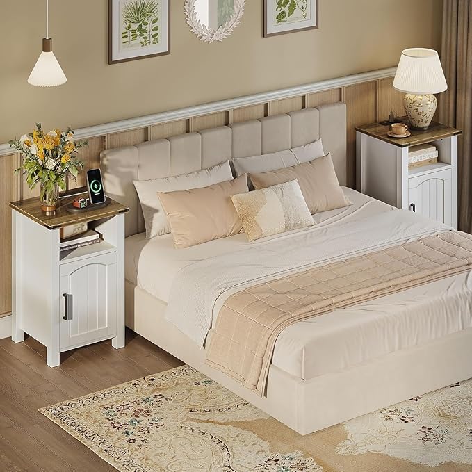 Farmhouse Nightstand with Charging Station, End Table with USB/Type-C Ports and
