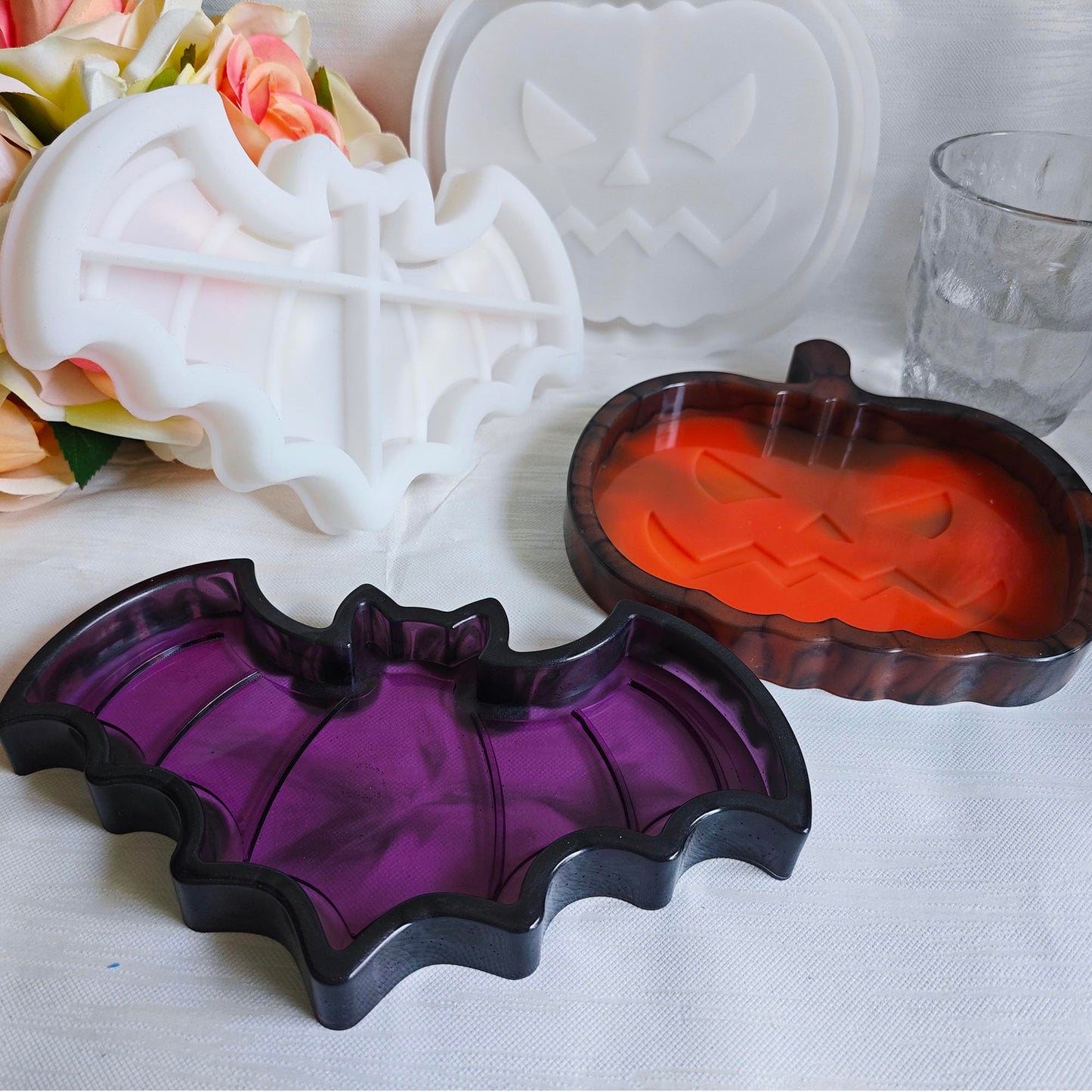 2 Set of Bat Pumpkin Tray Storage Resin Mold Molds Epoxy Resin Pumpkin Bat Shaped Halloween Tray for Fruit Candy Jewelry Cup Holder Container, DIY Making Decor Art Crafts