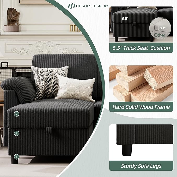 Vongrasig Convertible Sectional Couches, 3 Seat L Shaped Couch Sofa