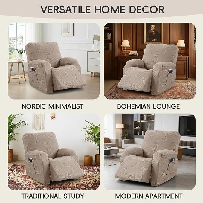 Oversized Recliner Chair Covers, 4-Piece Stretch Geometric Strokes Jacquard