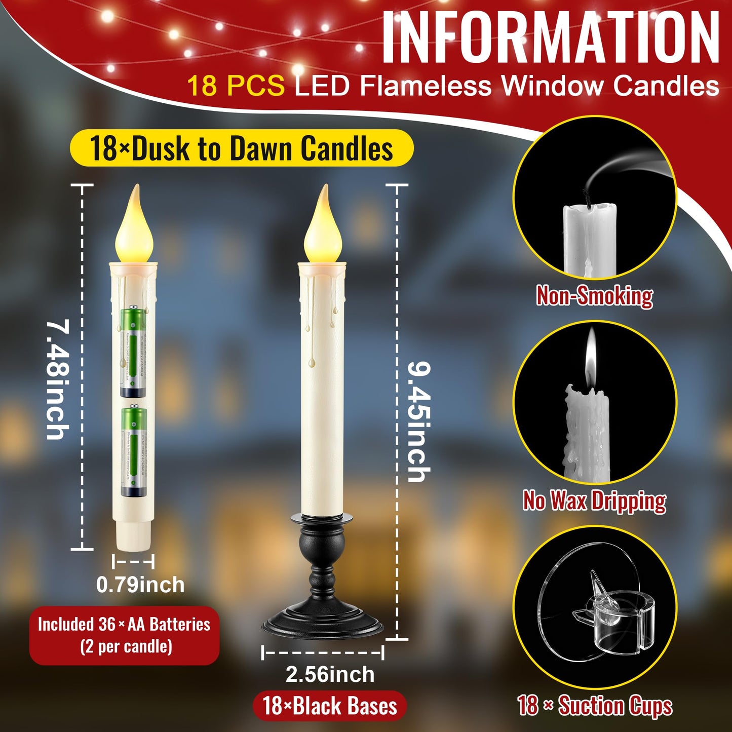 18 Pack Battery Operated Window Candles with Sensor Dusk to Dawn, Ivory Flameless Taper Candlesticks with Removable Black Base & Suction Cups, LED Candlestick for Christmas Decor Home, 36 AA Batteries