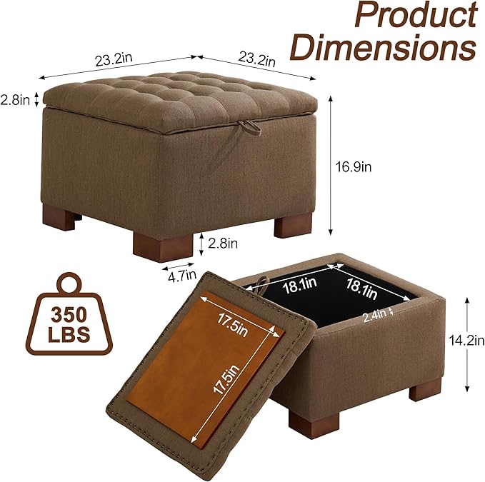 WUTUTUEE 24" Fabric Square Storage Ottoman