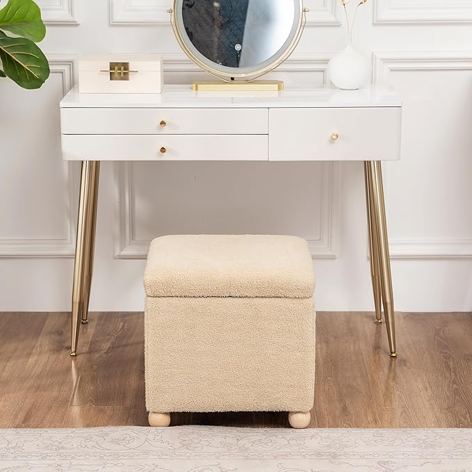 Adeco 17.3" Modern Oatmeal Teddy Velvet Storage Ottoman, Upholstered Cube Foot