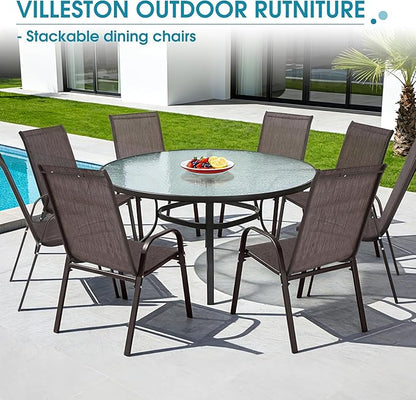 Outdoor Stackable Chairs Set of 8, Stacking Patio Chairs with Textilene Fabric, Outside Furniture for Garden Backyard Balconie Poolside Deck, Brown