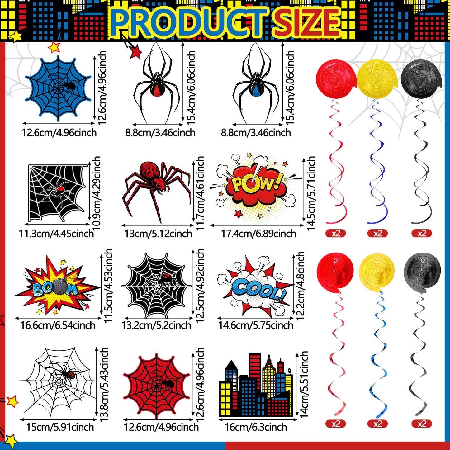 Geyoga 54 Pcs Spider Party Hanging Decor Spider Birthday Hanging Swirl Cityscape Decoration Swirls Hero Decor for Hero Birthday Party Supplies Decoration
