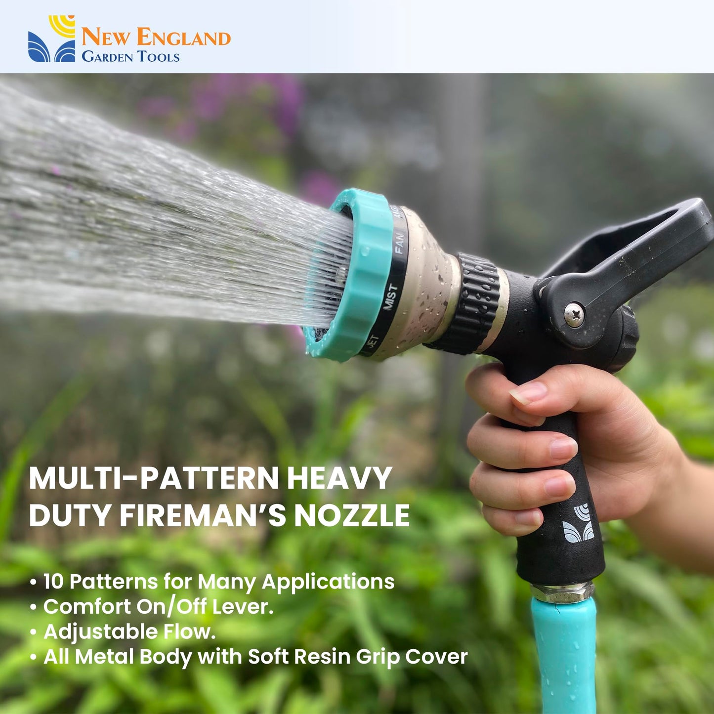 Heavy Duty Metal 10-Pattern Fireman’s Hose Nozzle 500003 with Lever Control and Comfort Grip, High Pressure Hose Sprayer, by New England Garden Tools for Watering Plants & Yards, Washing Pets & Cars