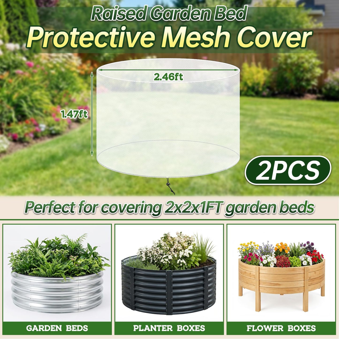2 Pack Garden Netting Cover for 2 FT Dia x 1 FT H Round Raised Beds, Fine Mesh Plant Cover with Drawstring, Raised Bed Bug & Bird Barrier Screen for Vegetables, Herbs and Flowers