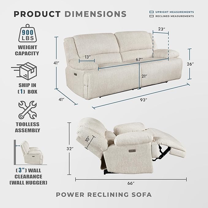 Lexicon Power Double Reclining Sofa, Textured Microfiber Wall Hugger Recliner