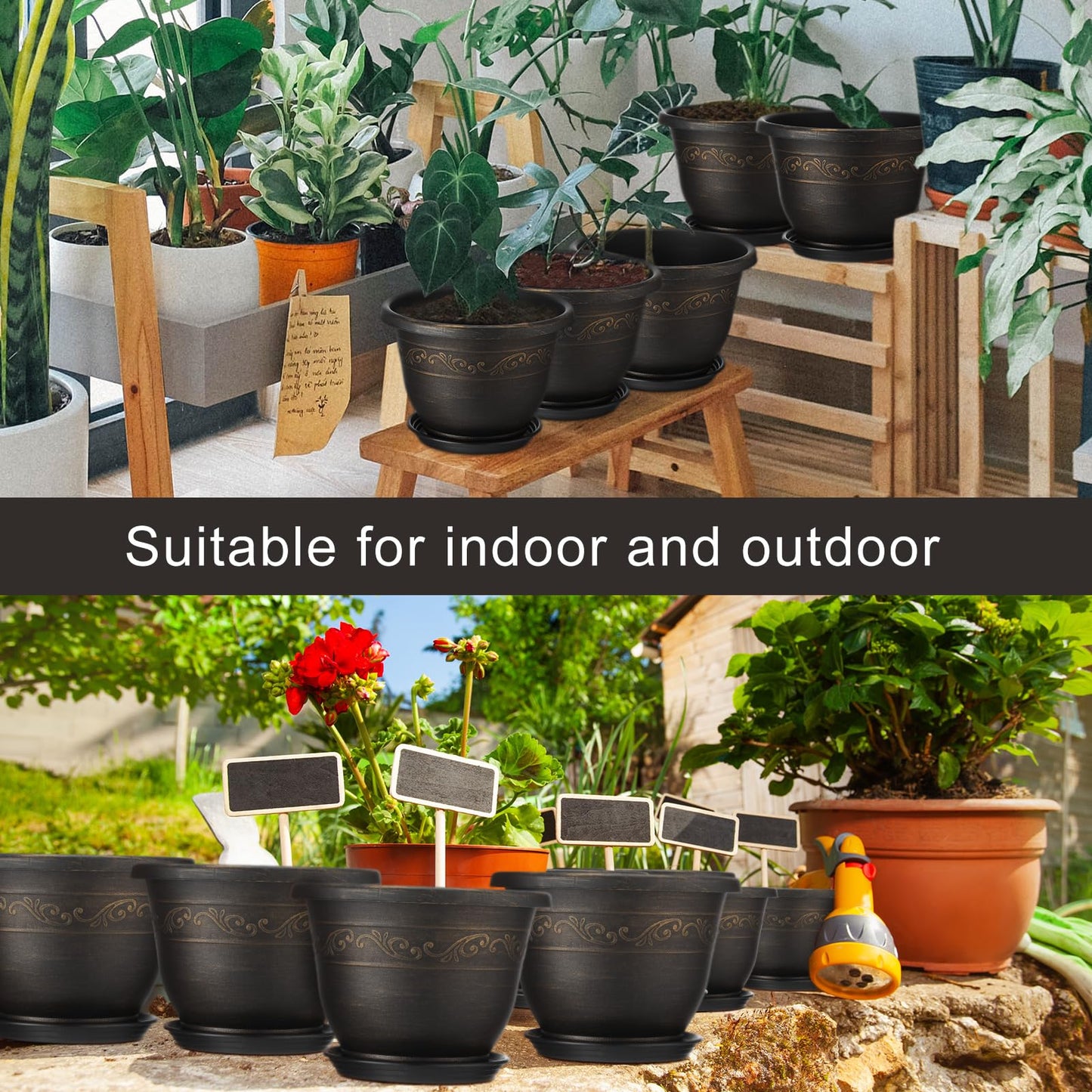 Ziliny 6 Pack 10 Inch Plant Pot Plastic Flower Planters for Indoor Outdoor with Drainage Hole and Trays Lightweight Retro Antique Imitation Decorative Garden Containers Sets with Saucer