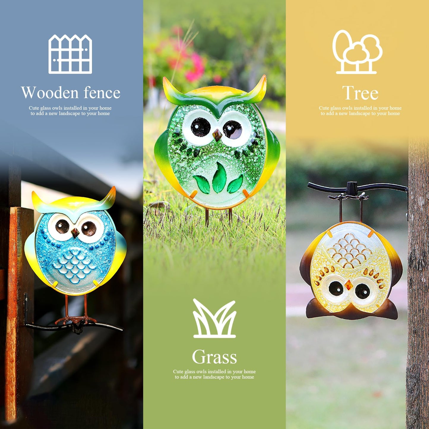LEGIFO Owl Garden Decor for Outside, Stand & Tree Hugger Outdoor Owls Stakes Yard Art Set of 3, Funny Metal & Glass Stake Gifts for Grandma Mom Women
