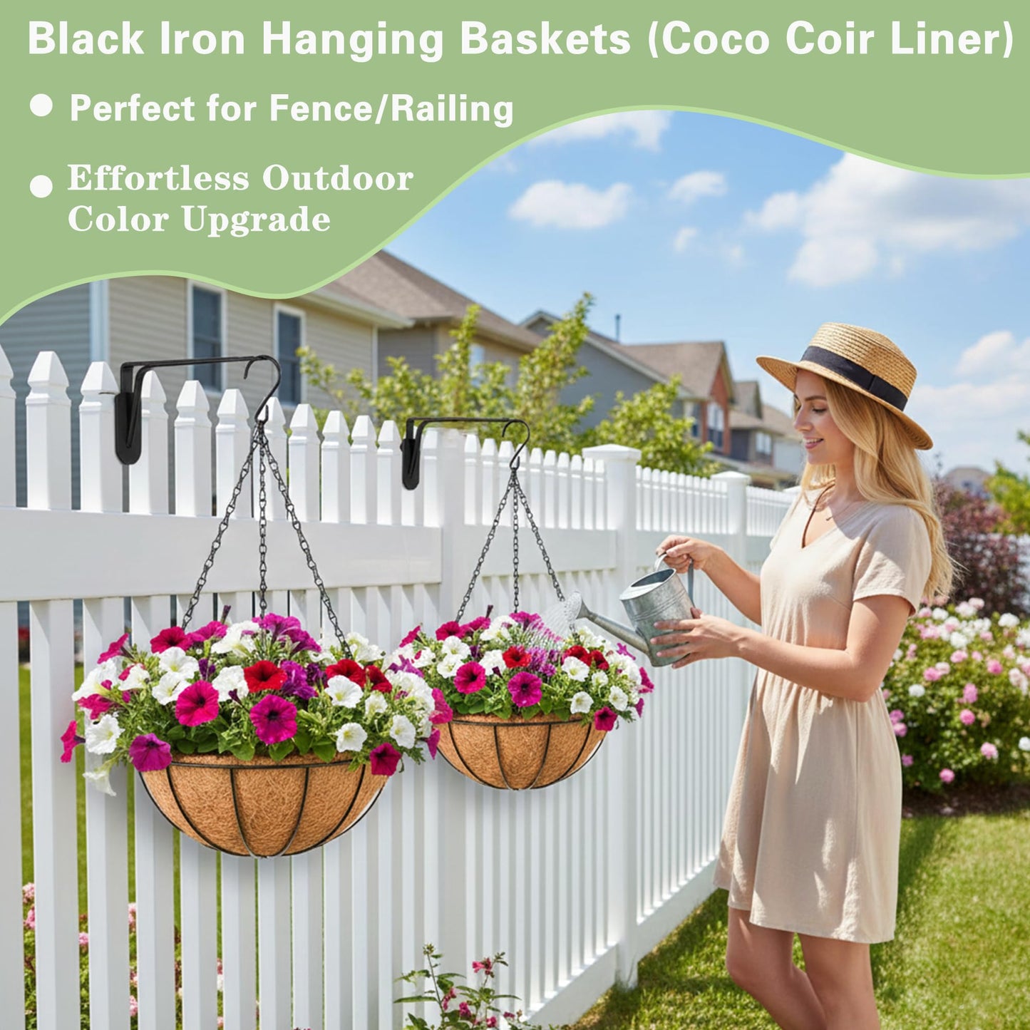 EIMQUVW Outdoor Metal Hanging Planters Basket (4pack, 8 inch) Hanging Baskets for Plants Chain Round Wire Plant Holder with Coco Fiber Liners for Garden, Patio, Deck, Porch