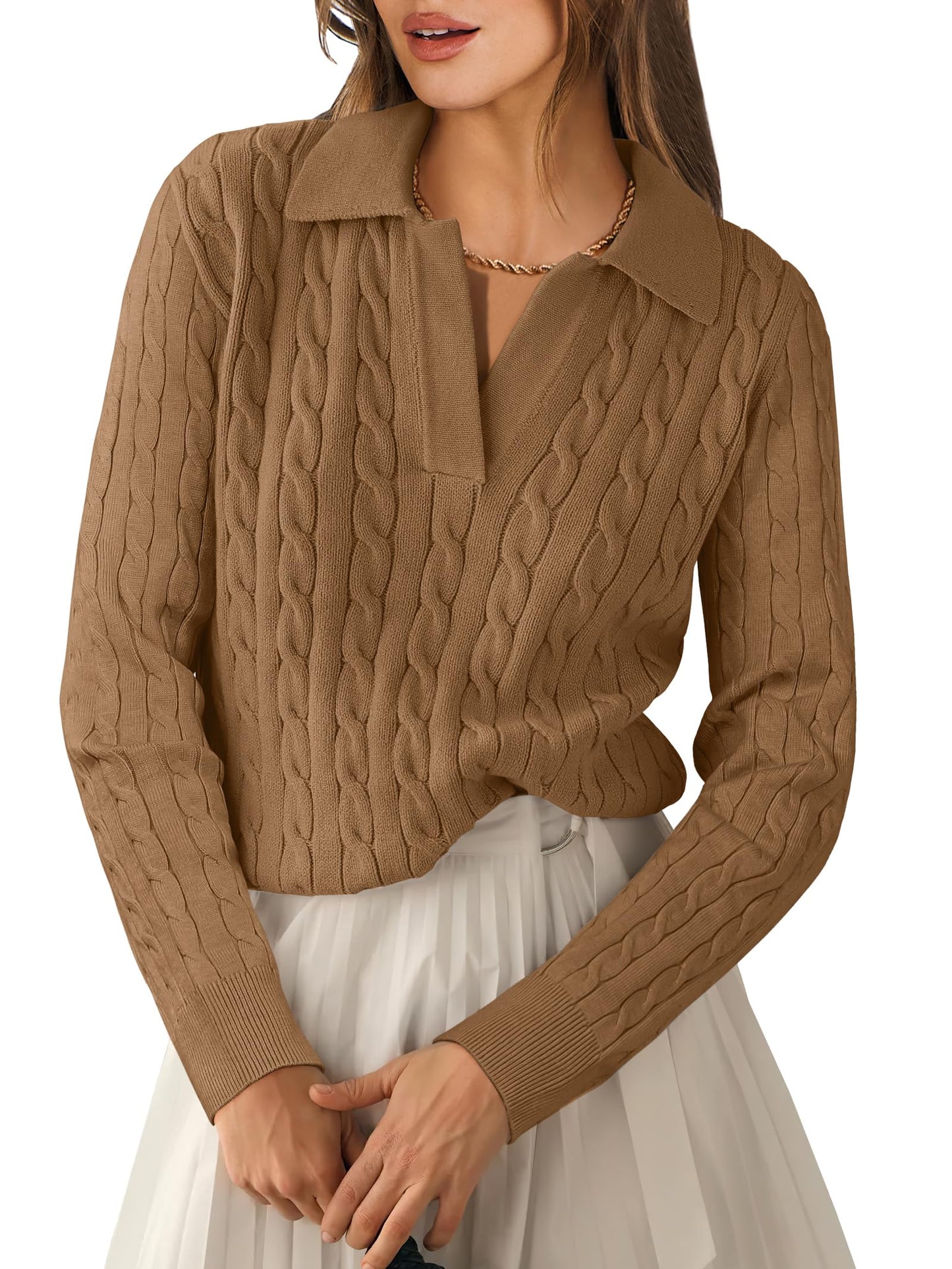 ANRABESS Womens Cable Knit Sweaters Long Sleeve V Neck Sweater Tops Casual Pullover Polo Shirts 2025 Fall Fashion Outfits