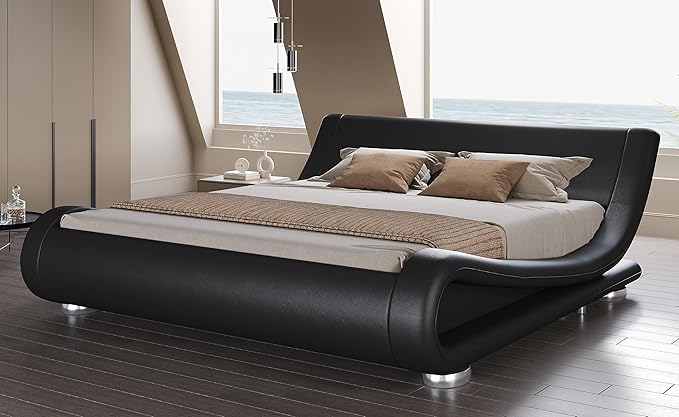 SHA CERLIN King Size Upholstered Bed Frame, Deluxe Low Profile Sleigh Bed