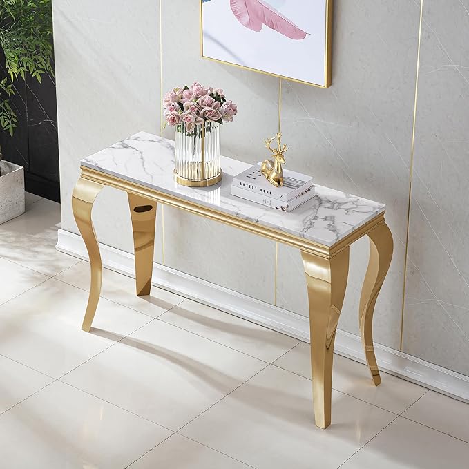Henf 47" Marble Console Table Entryway Table Modern White Faux Marble Accent