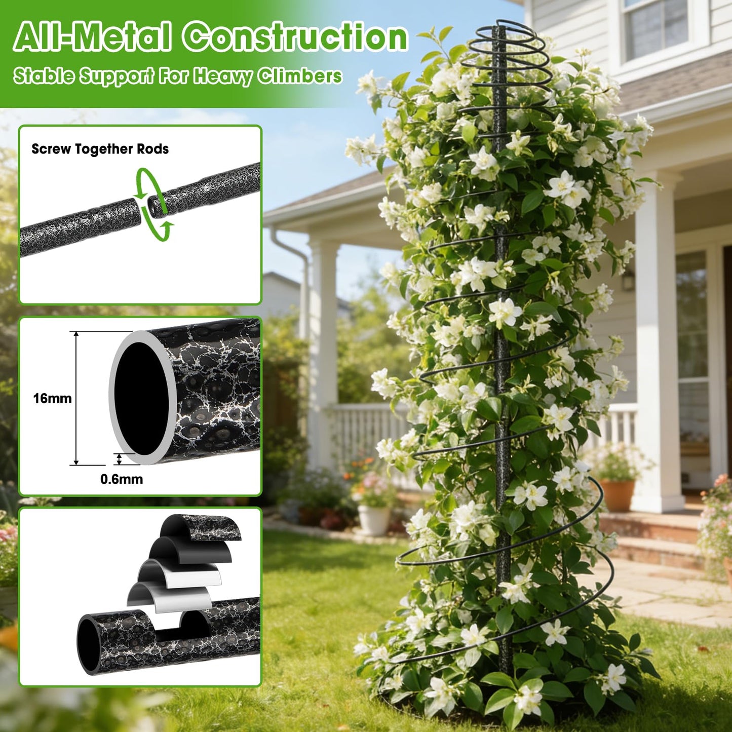 Trellis for Climbing Plants, 75” Metal Spiral Frame Pea Trellis with Center Pole, Adjustable Vine Plant Tower Supports for Outdoor Beans,Cucumbers,Vegetable,Flowers,Pots,Garden Raised Bed,12” Dia