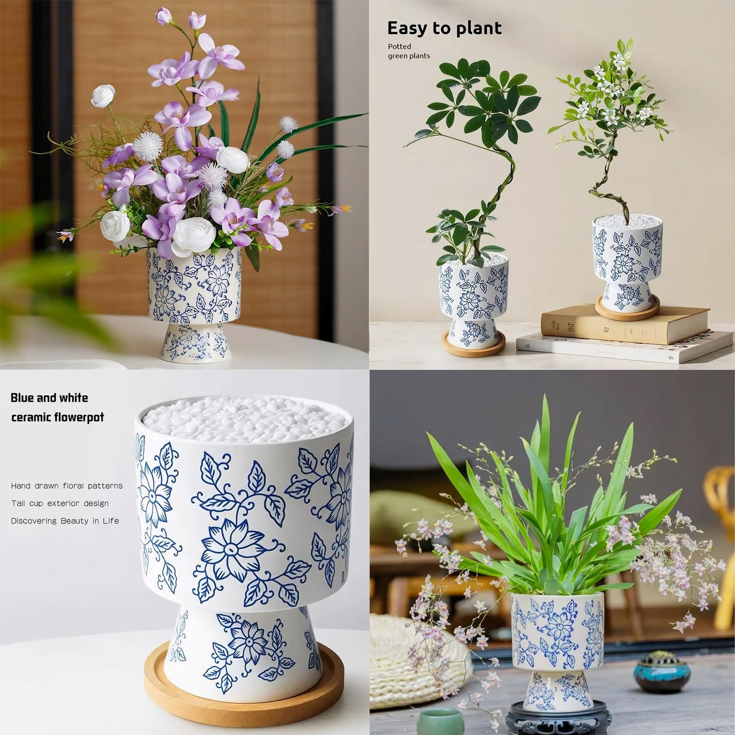 Blue and White Ceramic Flower Pot with Drainage Hole ，Elegant Succulent Plants and Orchid Planters, Home Decor Flowerpots with Tall Cup Shape Suitable for Tiger Tail Orchid and Floral Plants