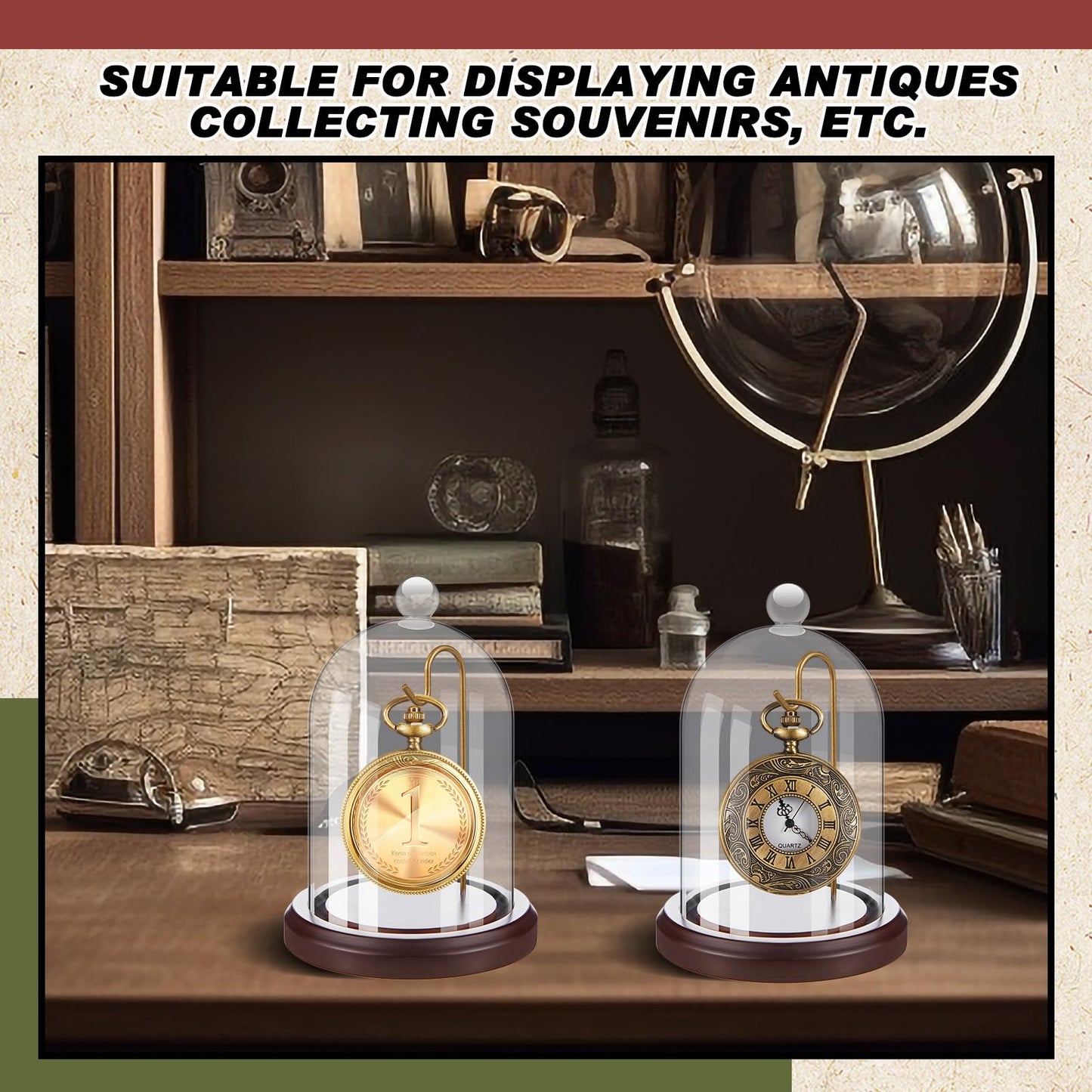 Beeveer 2 Pcs Clear Pocket Watch Glass Display with Hooks Dome Cloche with Wood Base Christmas Decorative Showcase for Watch Plants Medals Photos Collectibles(Reddish Brown,3" X 5",Heading Style)