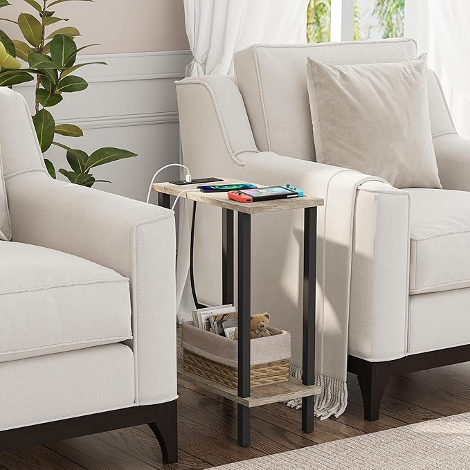 TUTOTAK Small End Table with Charging Station, Narrow Side Table with USB Ports