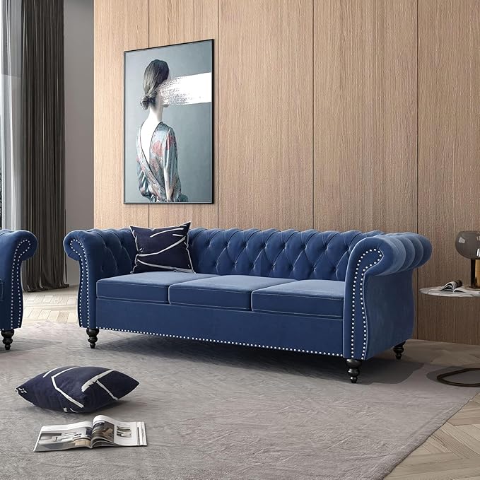Mid-Century 3 Seater Sofa, Velvet Couch