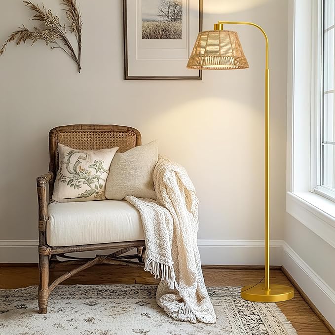 Oneach Arc Floor Lamp for Living Room, Rattan Boho Floor Lamp