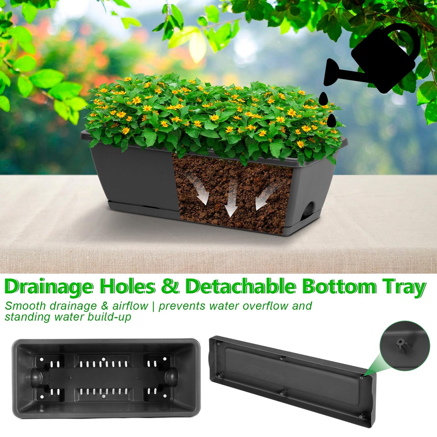 OYEAL Deck Railing Planter Boxes Set of 2 Over Fence Planters for Outdoor Plants, Hanging Window Planter Boxes with Adjustable Brackets, 6 Plastic Flower Boxes, Grey